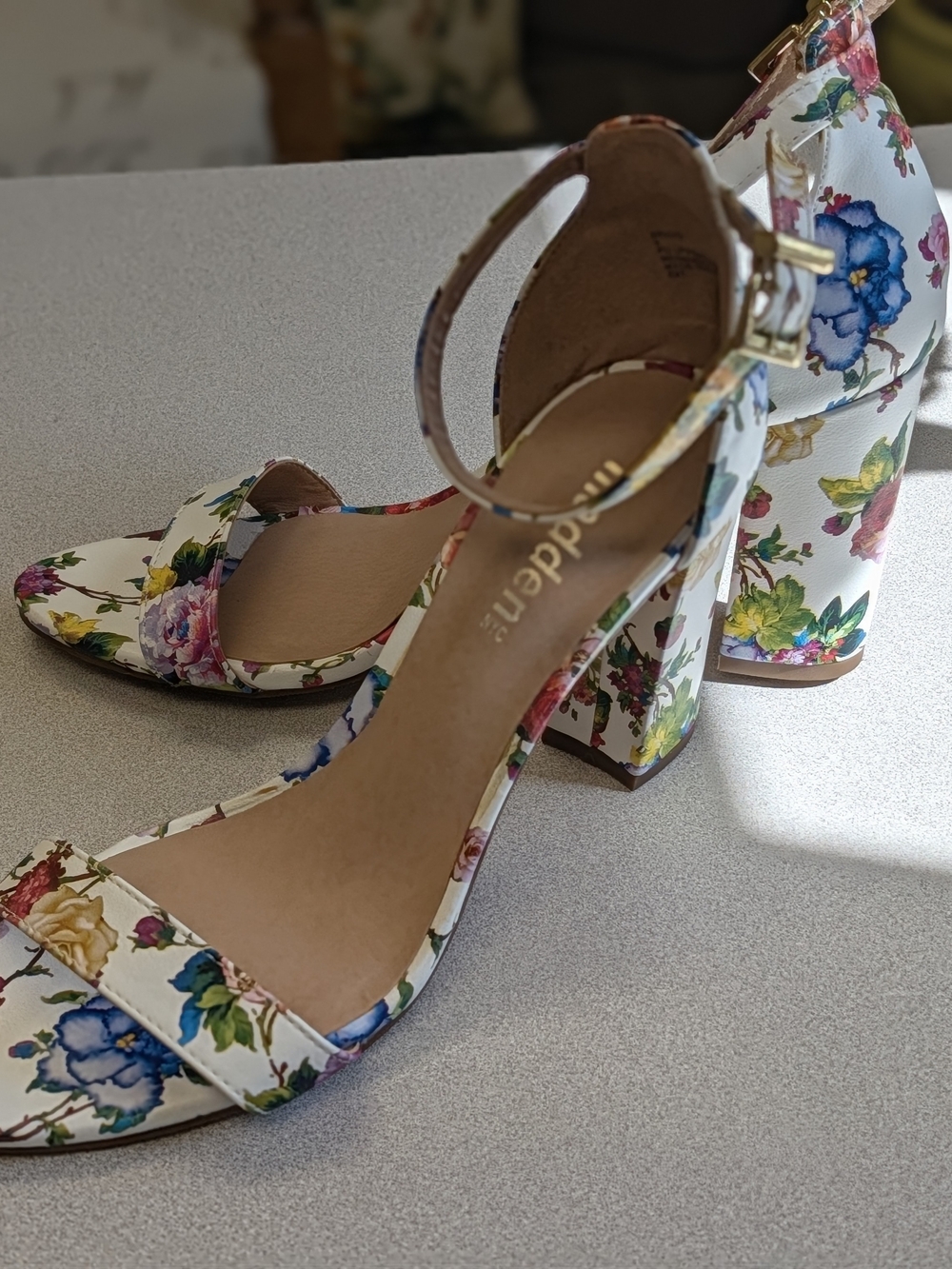 Madden Girl White Floral Ankle-Strap Block Heels